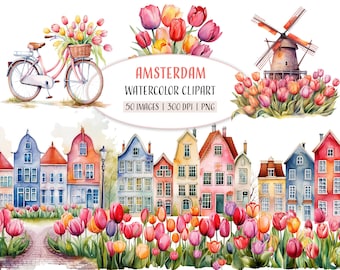 Watercolor Amsterdam Clipart: Dutch Houses, Bikes, Tulips (PNG, Commercial Use)