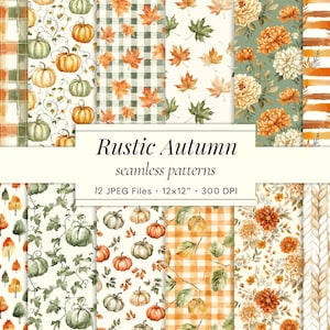 May include: A collection of twelve seamless patterns with a rustic autumn theme. The patterns feature pumpkins, leaves, and floral designs in shades of orange, green, and cream. The text "Rustic Autumn seamless patterns" is displayed.