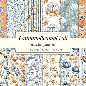 Naadloze herfstpatronen Grandmillennial – Vintage Pumpkin Toile & Chinoiserie-prints, blauwe en oranje aquareltexturen, commercieel gebruik