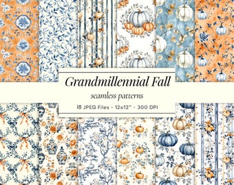 Grandmillennial Fall Seamless Patterns – Vintage Pumpkin Toile & Chinoiserie Prints, Blue and Orange Watercolor Textures, Commercial use