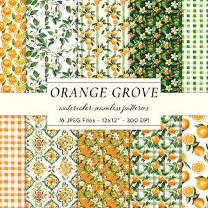 May include: A selection of watercolour seamless patterns featuring an orange grove theme. The patterns showcase oranges, flowers, and diverse geometric designs in orange, green, and white hues. The text "ORANGE GROVE" is visible.