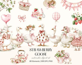 Strawberry Goose Watercolor Clipart | Cottagecore Geese and Strawberries PNG