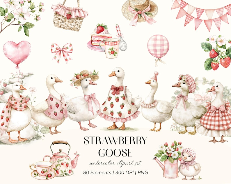Strawberry Goose Watercolor Clipart | Cottagecore Geese and ...