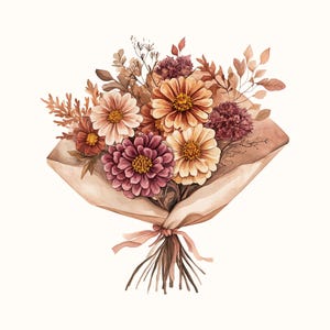 May include: Watercolor illustration of a bouquet of flowers in shades of orange, cream, and burgundy. The flowers are wrapped in brown paper and tied with a pink ribbon. The bouquet includes various types of flowers and foliage.