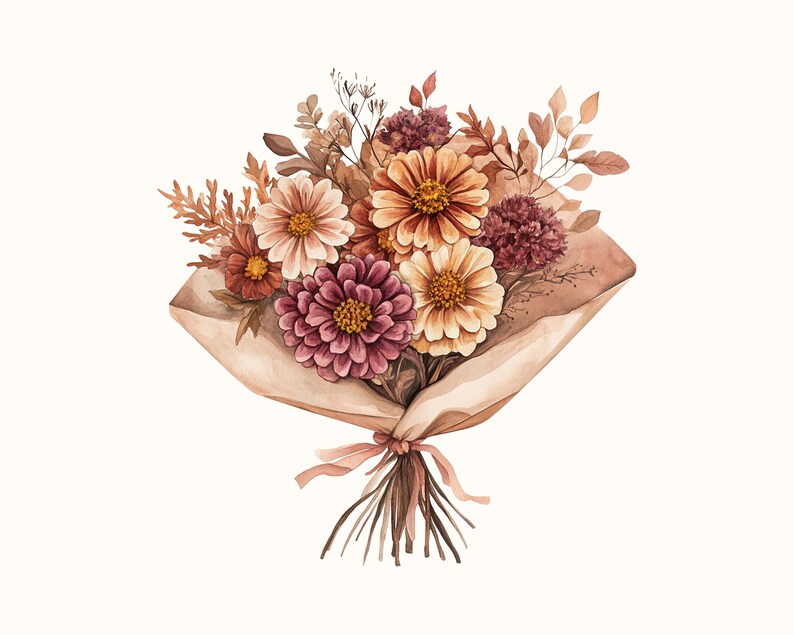 May include: Watercolor illustration of a bouquet of flowers in shades of orange, cream, and burgundy. The flowers are wrapped in brown paper and tied with a pink ribbon. The bouquet includes various types of flowers and foliage.