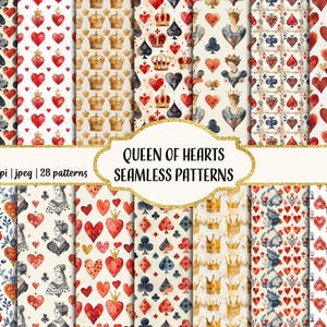 Watercolor Queen of Hearts, Seamless Patterns, Printable Scrapbook Paper, Commercial use