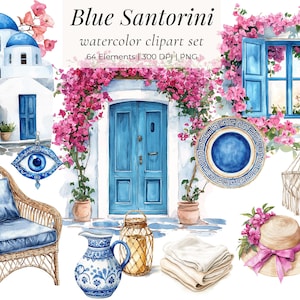 Ensemble de cliparts aquarelle bleu de Santorin - Maisons d'été grecques, vues, bougainvilliers, céramique grecque, décor méditerranéen, PNG, usage commercial