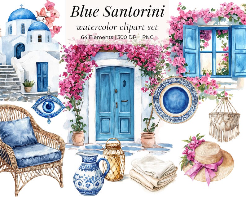 May include: Watercolor clipart set titled "Blue Santorini" featuring a blue door, window, and buildings, adorned with pink flowers. Includes a wicker chair, a blue and white pitcher, a plate, a lantern, a hat, and other elements.