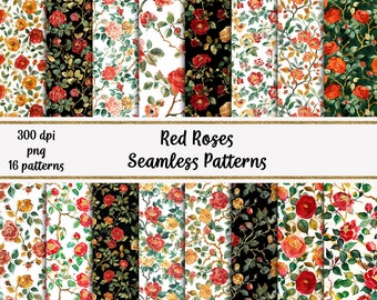 Watercolor Red Roses Chinoiserie Seamless Patterns, Commercial use