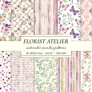 May include: A collection of watercolor seamless patterns with floral, butterfly, and teddy bear designs. The patterns feature roses, butterflies, and polka dots in shades of pink, purple, and green. The text "FLORIST ATELIER" is displayed.