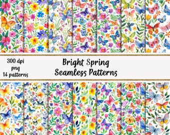 Watercolor Bright Spring Flowers and Butterflies, Seamless Patterns, Commercial use