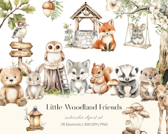 Little Woodland Friends Watercolor Clipart | Forest Animals, Trees & Storybook Elements | Woodland Illustrations for Kids