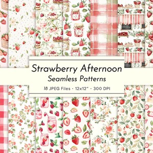 Tarde de Fresas: Patrones de acuarela sin costuras para verano, picnics de estilo cottagecore, diseños de mercado de frutas y mermeladas, papel imprimible para álbumes de recortes.