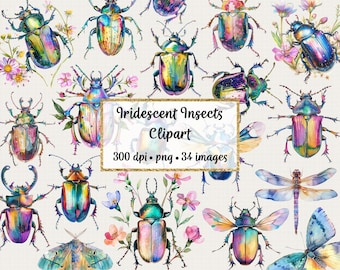 Watercolor Iridescent Insects Clipart, Commercial use