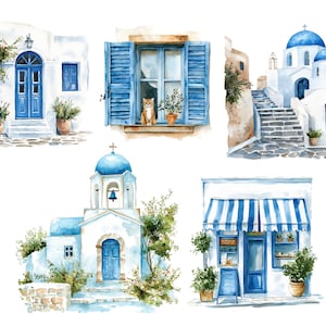 May include: Watercolor illustrations of Greek architecture. The images feature white buildings with blue doors, shutters, and domes. Some scenes include potted plants, stairs, and a cat in a window. The style is reminiscent of travel art.