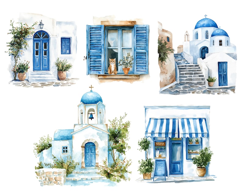 May include: Watercolor illustrations of Greek architecture. The images feature white buildings with blue doors, shutters, and domes. Some scenes include potted plants, stairs, and a cat in a window. The style is reminiscent of travel art.