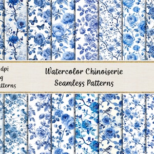 Wzory akwarelowe w kolorze niebieskim, chinoiserie, papier do scrapbookingu do druku, wzory bezszwowe w przyrodzie, tła kwiatowe, zastosowanie komercyjne