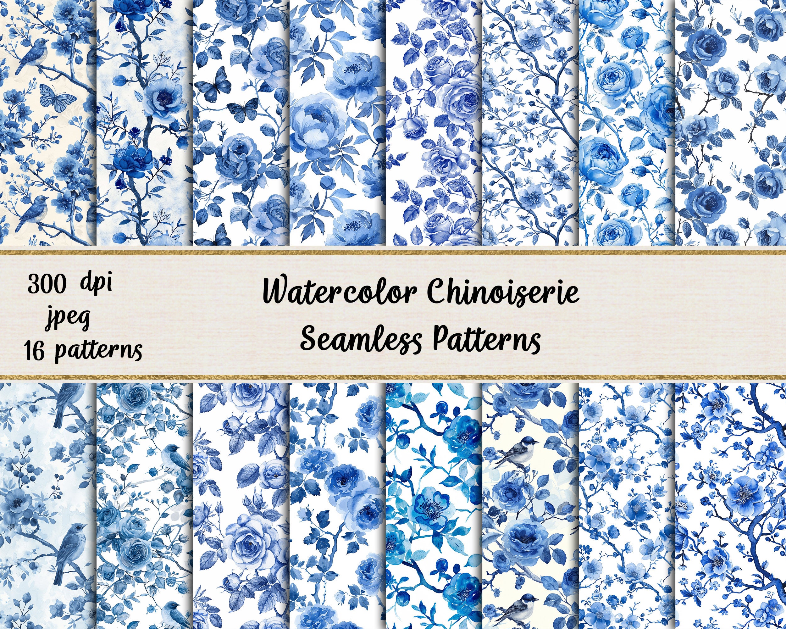 Watercolor Blue chinoiserie Patterns, Printable Scrapbook Paper, Nature Seamless Patterns, Floral Backgrounds, Commercial use