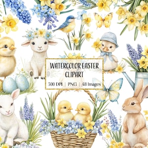 Clipart Pâques aquarelle, clipart Pâques bleu et jaune, illustrations de Pâques imprimables, jonquilles printanières, scrapbooking, usage commercial