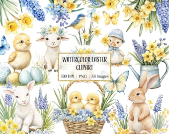 Watercolor Easter Clipart: Spring Animals & Daffodils (PNG, Commercial Use)