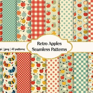 Retro Apples Seamless Patterns, carta per album stampabile, carte digitali scaricabili all'istante, uso commerciale