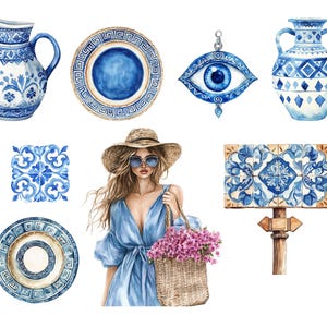May include: Watercolor illustration featuring blue and white ceramic pieces, including a pitcher, plates, and a vase. A woman in a blue dress and straw hat carries a basket of pink flowers. Decorative eye charm.
