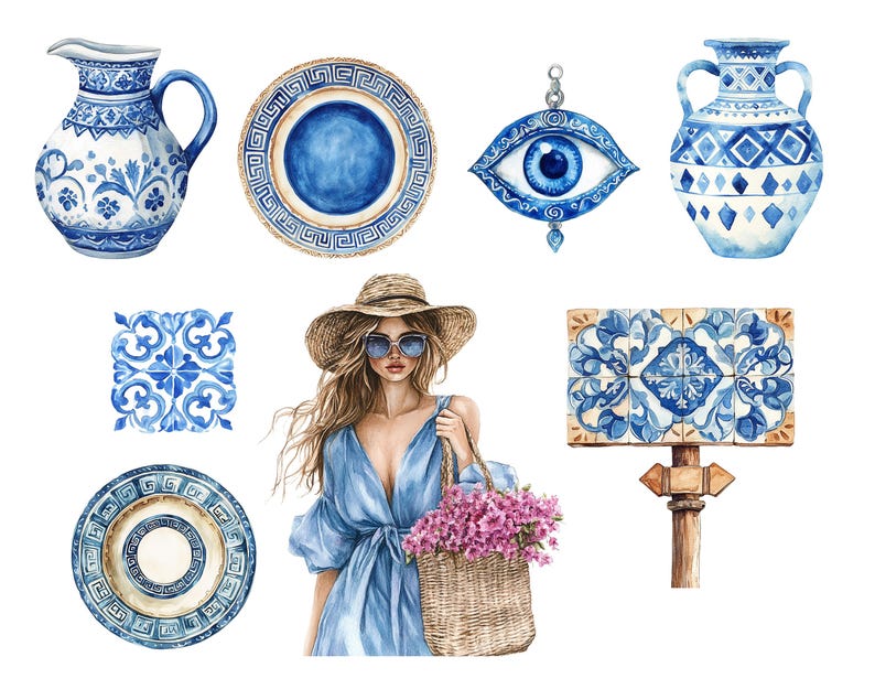 May include: Watercolor illustration featuring blue and white ceramic pieces, including a pitcher, plates, and a vase. A woman in a blue dress and straw hat carries a basket of pink flowers. Decorative eye charm.