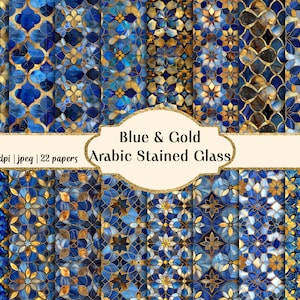 Papiers numériques arabes en vitrail bleu et or, motifs sans couture, usage commercial
