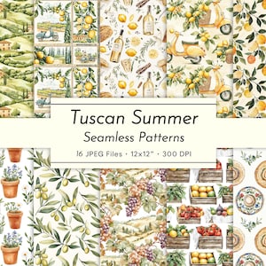 Tuscan Summer – Watercolor Seamless Patterns, Italian Landscape, Lemons, Vespas, Olive Branch, Vineyard Printable Papers