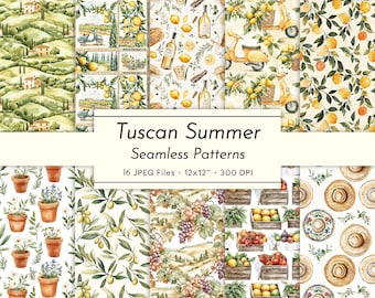 Tuscan Summer – Watercolor Seamless Patterns, Italian Landscape, Lemons, Vespas, Olive Branch, Vineyard Printable Papers