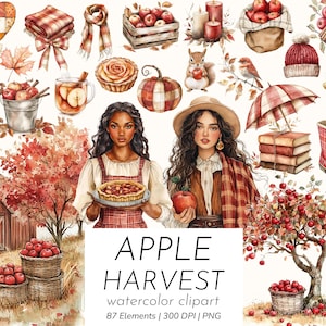 Apfelernte Aquarell Clipart-Set - Gemütlicher Herbst-Apfelgarten, Backen, Mode, Bauernhausdekor, Herbstszenen-Illustrationsset