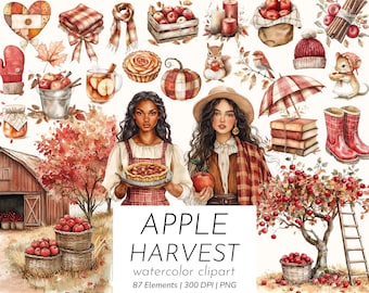 May include: Watercolor clipart titled "APPLE HARVEST" featuring fall-themed illustrations. Includes images of apples, pies, people, a barn, and other autumn elements in shades of red, orange, and brown. The image also includes text that reads "APPLE HARVEST watercolor clipart 87 Elements | 300 DPI | PNG".