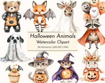 Watercolor Halloween Animal Clipart – Costumed Animals PNG Bundle
