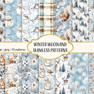 Puede incluir: Una colección de 20 patrones sin costuras de invierno en el bosque. Los patrones presentan ilustraciones en acuarela de muñecos de nieve, pájaros, ardillas, zorros, conejos, ciervos, búhos, piñas y copos de nieve sobre un fondo azul claro. El texto "Winter Woodland Seamless Patterns" está en un marco dorado.