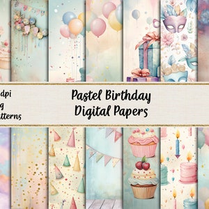 Papiers numériques pastel pour fête d'anniversaire, papier de scrapbooking imprimable, usage commercial, téléchargement immédiat