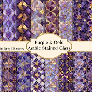 Arabische digitale Papiere aus violettem und goldenem Buntglas, nahtlose Muster, kommerzielle Nutzung