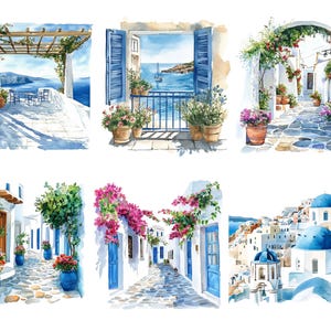 May include: Watercolor paintings depicting scenes of Greek architecture. The images showcase white buildings with blue accents, cobblestone streets, and vibrant flowers in pots. Some scenes include views of the sea and sky.