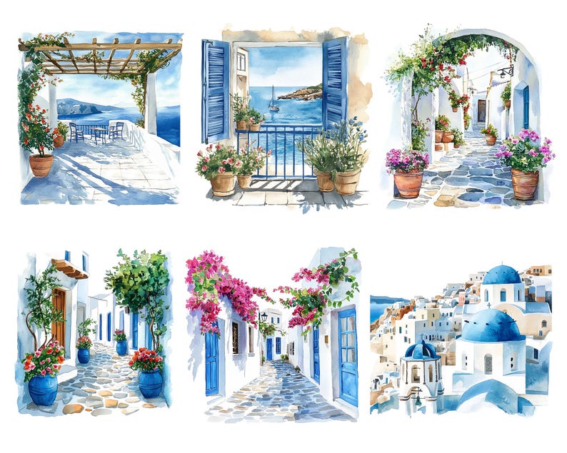 May include: Watercolor paintings depicting scenes of Greek architecture. The images showcase white buildings with blue accents, cobblestone streets, and vibrant flowers in pots. Some scenes include views of the sea and sky.