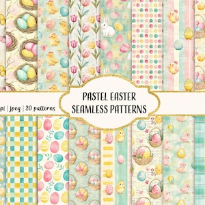 Puede incluir: Un conjunto de 20 patrones sin costuras de Pascua pastel con conejos, pollitos, huevos, cestas, flores y lunares. Los patrones son perfectos para crear proyectos digitales o impresos.