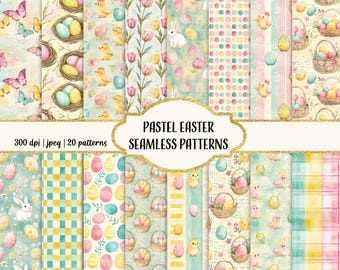 Op de afbeelding: Een set van 20 pastelkleurige naadloze paaspatronen met konijnen, kuikens, eieren, manden, bloemen en stippen. De patronen zijn perfect voor het maken van digitale of gedrukte projecten.