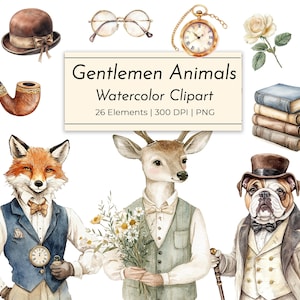 Viktorianische Vatertag Tiere Clipart - Aquarell Gentlemen Tiere, Vintage Vatertag Illustrationen, Elegante Tierporträts PNG