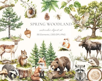 Spring Woodland Watercolor Clipart | Forest Animals, Trees, Landscapes, PNG Elements
