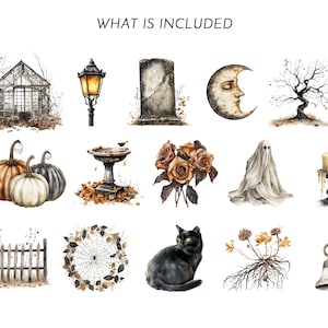 May include: Watercolor illustrations of Halloween-themed elements, including pumpkins, a black cat, a ghost, a crescent moon with a face, a tombstone, a spider web, a bell, and a candle. The text "WHAT IS INCLUDED" is at the top.