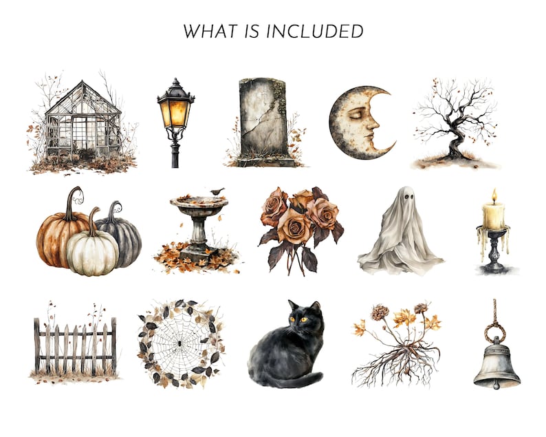 May include: Watercolor illustrations of Halloween-themed elements, including pumpkins, a black cat, a ghost, a crescent moon with a face, a tombstone, a spider web, a bell, and a candle. The text "WHAT IS INCLUDED" is at the top.