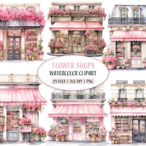 Aquarelles fleuristes, boutiques parisiennes roses, magasins à imprimer, scrapbooking, clipart PNG, fond Transparent, usage commercial