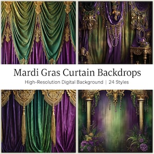 Op de afbeelding: Vier digitale achtergrondafbeeldingen met Mardi Gras-gordijnen in groen, paars en goud met sierlijke gouden versieringen en kwastjes. De tekst "Mardi Gras Curtain Backdrops" en "High-Resolution Digital Background | 24 Styles" wordt onder de afbeeldingen weergegeven.