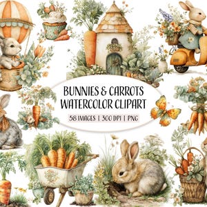 Watercolor Bunnies and Carrots Clipart, PNG Easter Clip Art, Printable Easter Illustrations, Scrapbooking, Commercial use