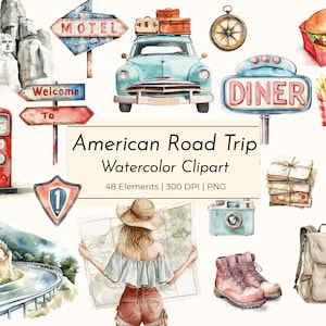 Americana Road Trip Clipart - Aquarell PNGs - Vintage USA Reise, Sommer Auto, Essen, Cottage Schilder, Karte, Camper, kommerzielle Nutzung