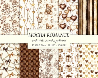 May include: A collection of watercolor seamless patterns in shades of brown and cream, featuring roses, teddy bears, heart-shaped balloons, and gift boxes. The text "MOCHA ROMANCE" and "watercolor seamless patterns" are displayed. The image includes 16 JPEG files, each 12x12 inches.