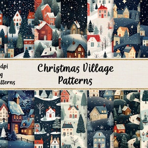 Digitale papieren besneeuwde kerstdorpen